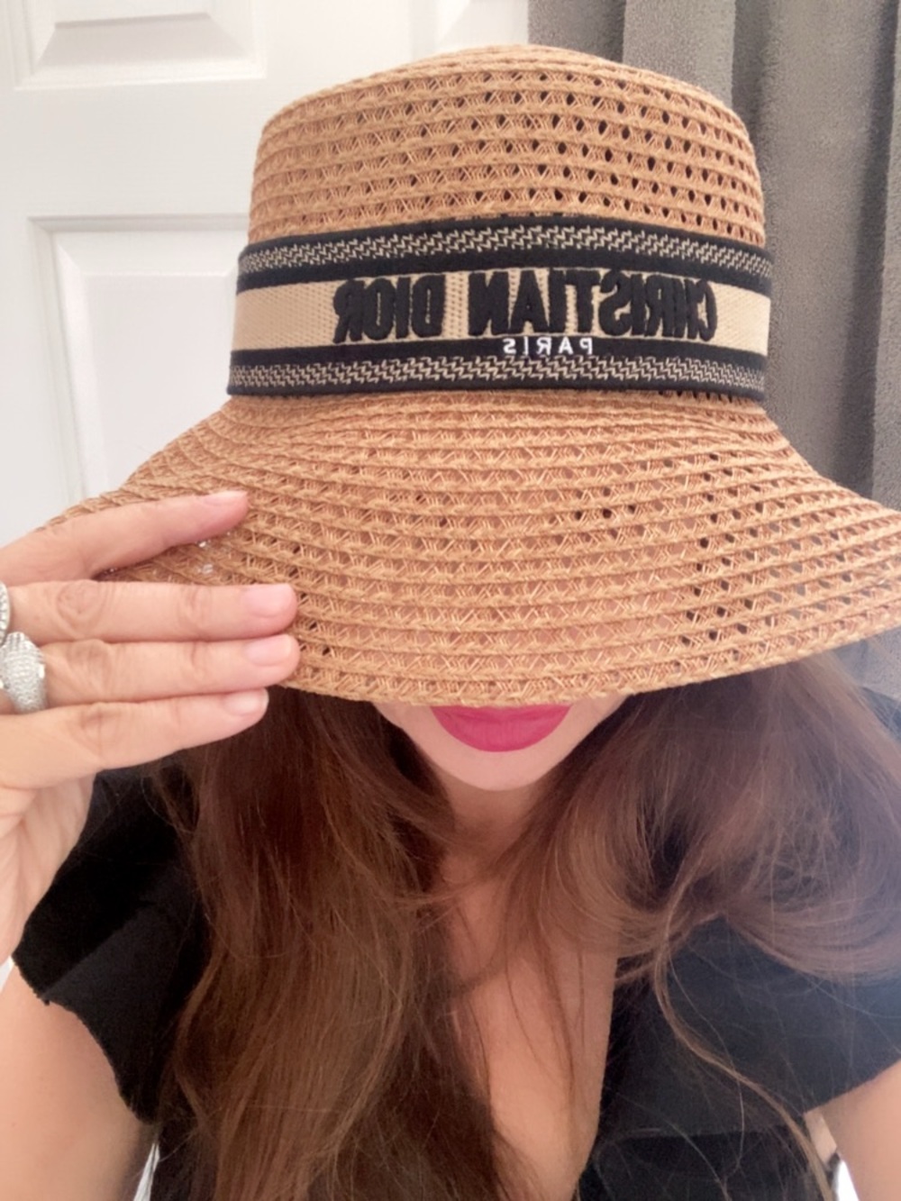 Dior Natural Straw Hat with Black Logo Band